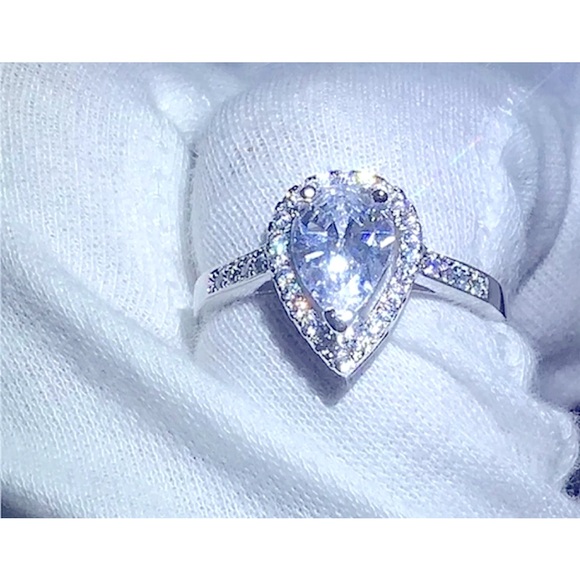 NEW 3Ct Women's Rhodium‎ .925 Pear Halo Teardrop Engagement Ring Size 6